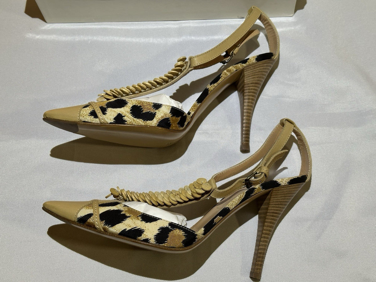 Casadei Natural Leopard Print Beige Leather Ankle Strap Heel 8.5