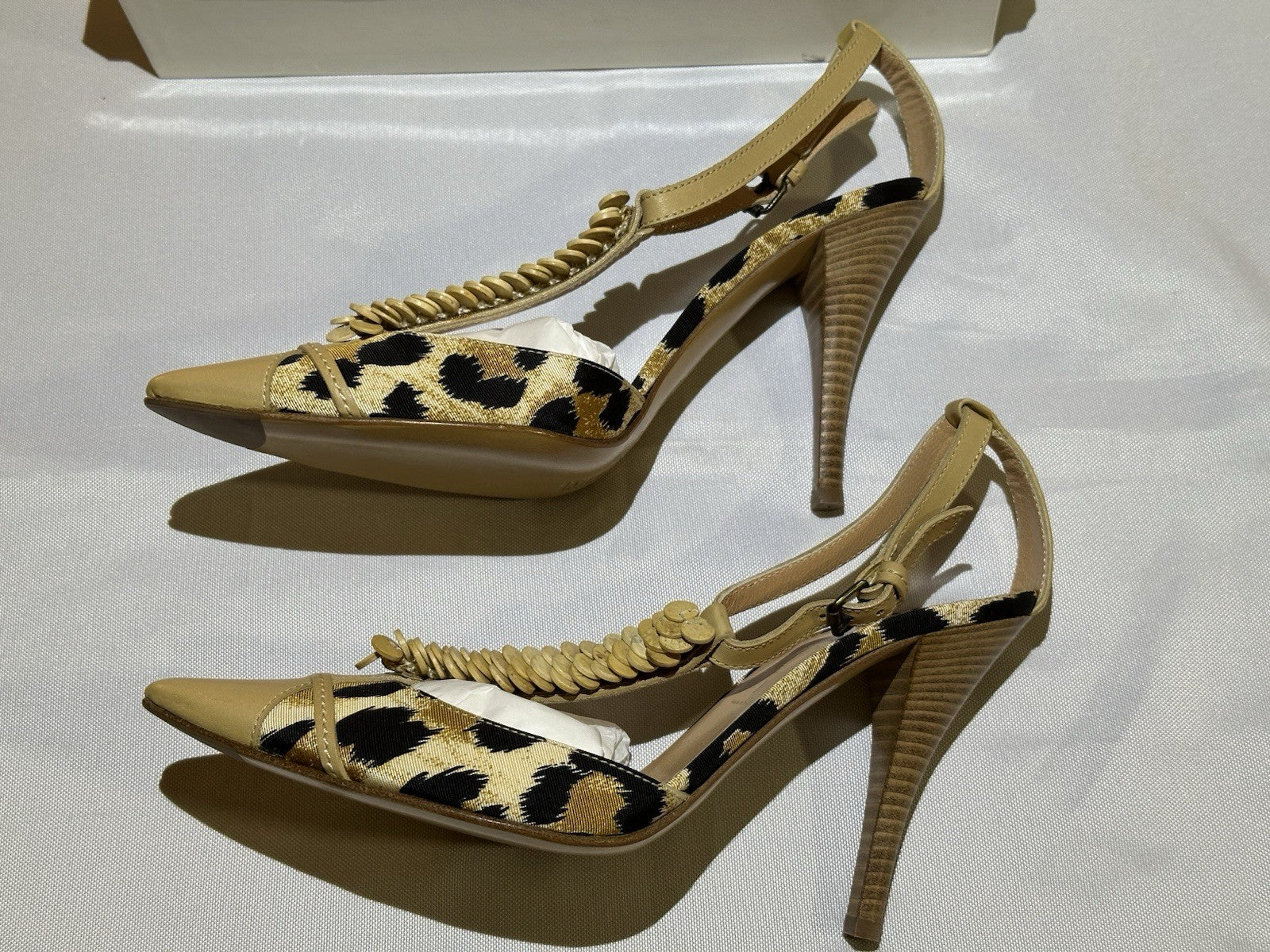 Casadei Natural Leopard Print Beige Leather Ankle Strap Heel 8.5