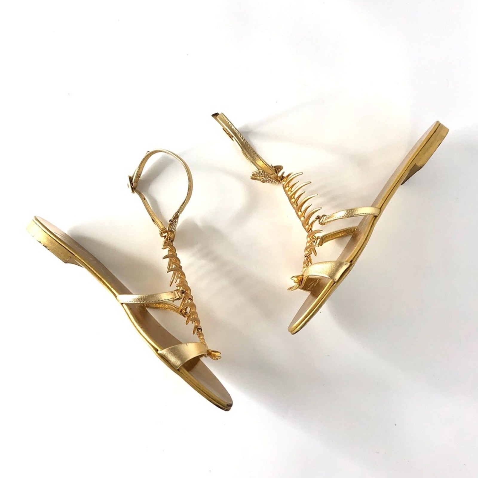 Giuseppe Zanotti Fishbone Gold Piranha Crystal Embellished Flat Sandals 37