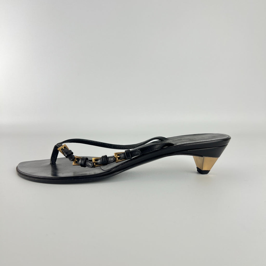 Prada | Auth Vintage Black Leather Gold Buckle Thong Kitten Heels (34.5)