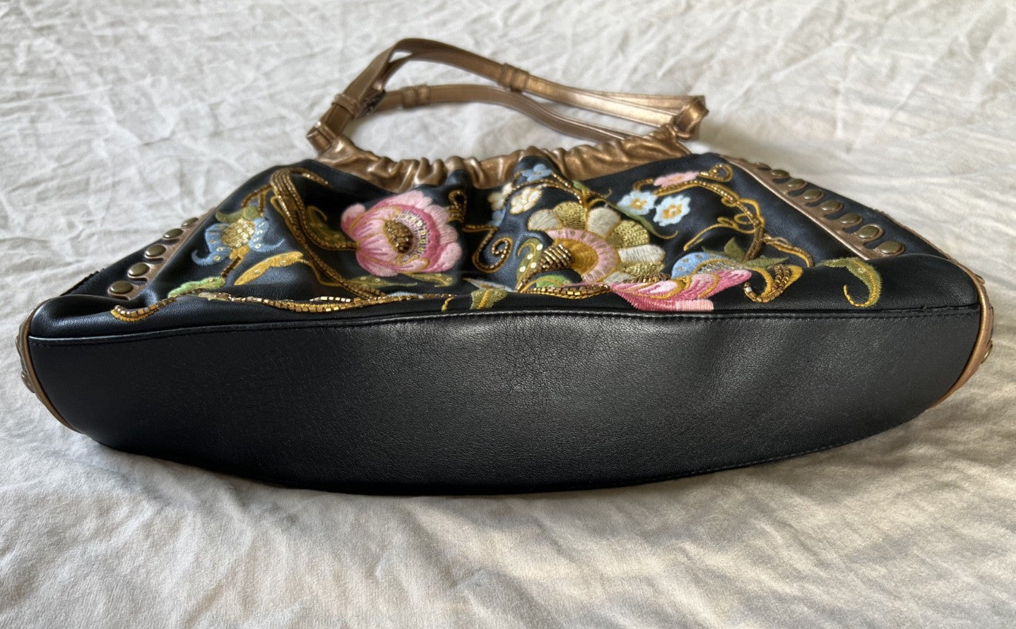 Isabella Fiore Black and Gold Floral Embroidered Leather Shoulder Bag