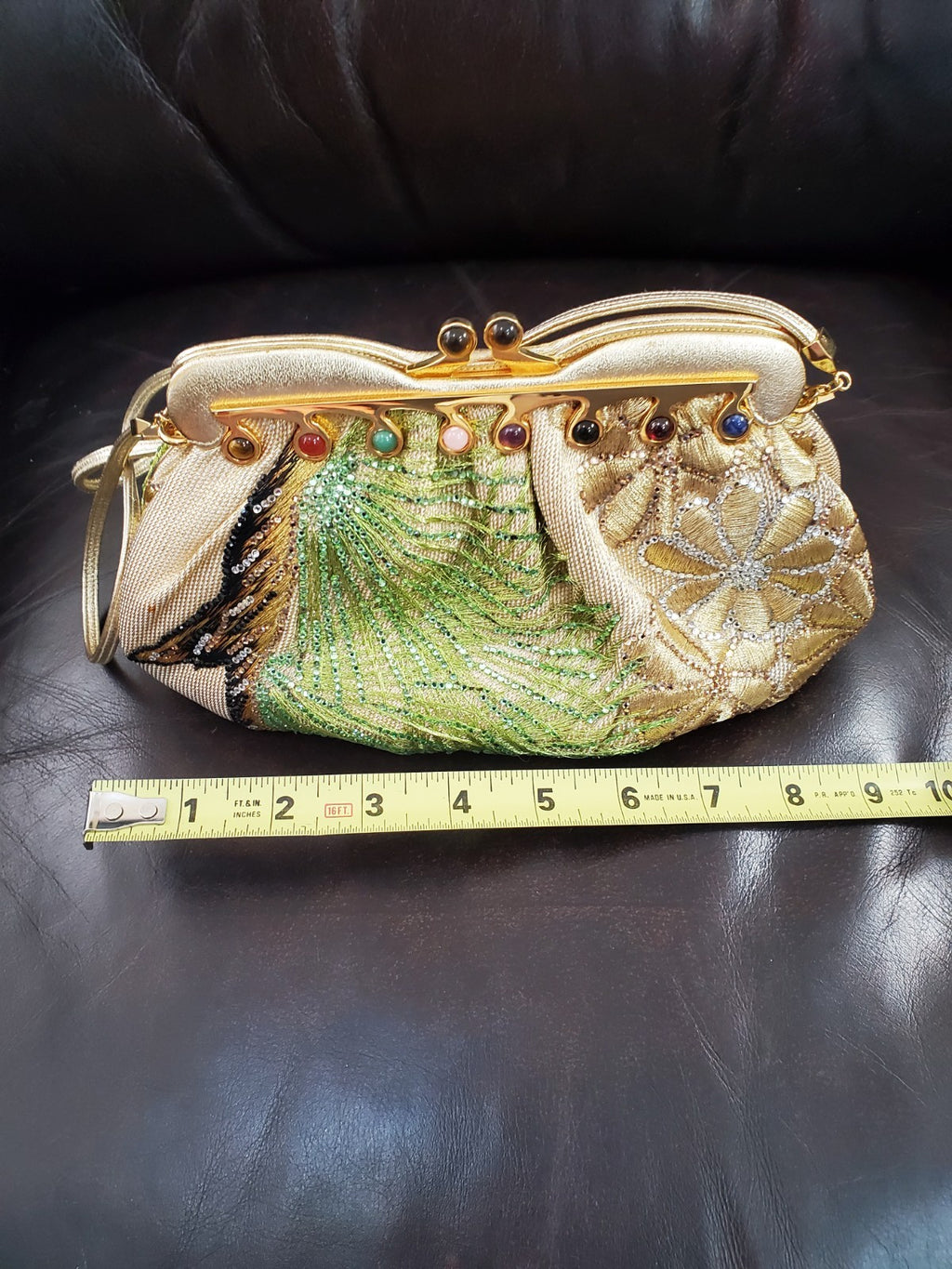Judith Leiber Gold Floral Embroidered Crystal Beaded Clutch w/ Dust Bag & Comb