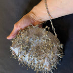 Vintage Silver Beaded Shoulder Bag Chain Strap Kiss Lock Evening Purse Clutch