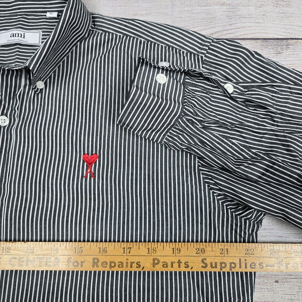 AMI Alexandre Mattiussi Striped Cotton Button Shirt Mens Sz XL Slim Fit Black
