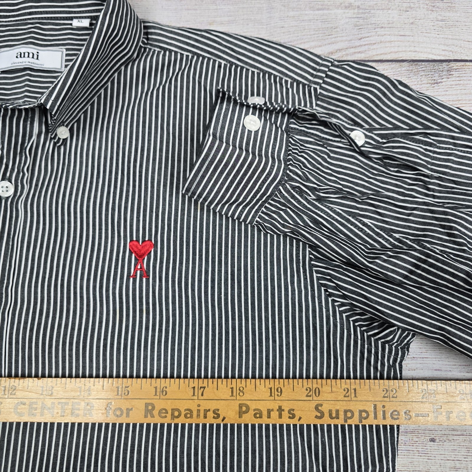 AMI Alexandre Mattiussi Striped Cotton Button Shirt Mens Sz XL Slim Fit Black