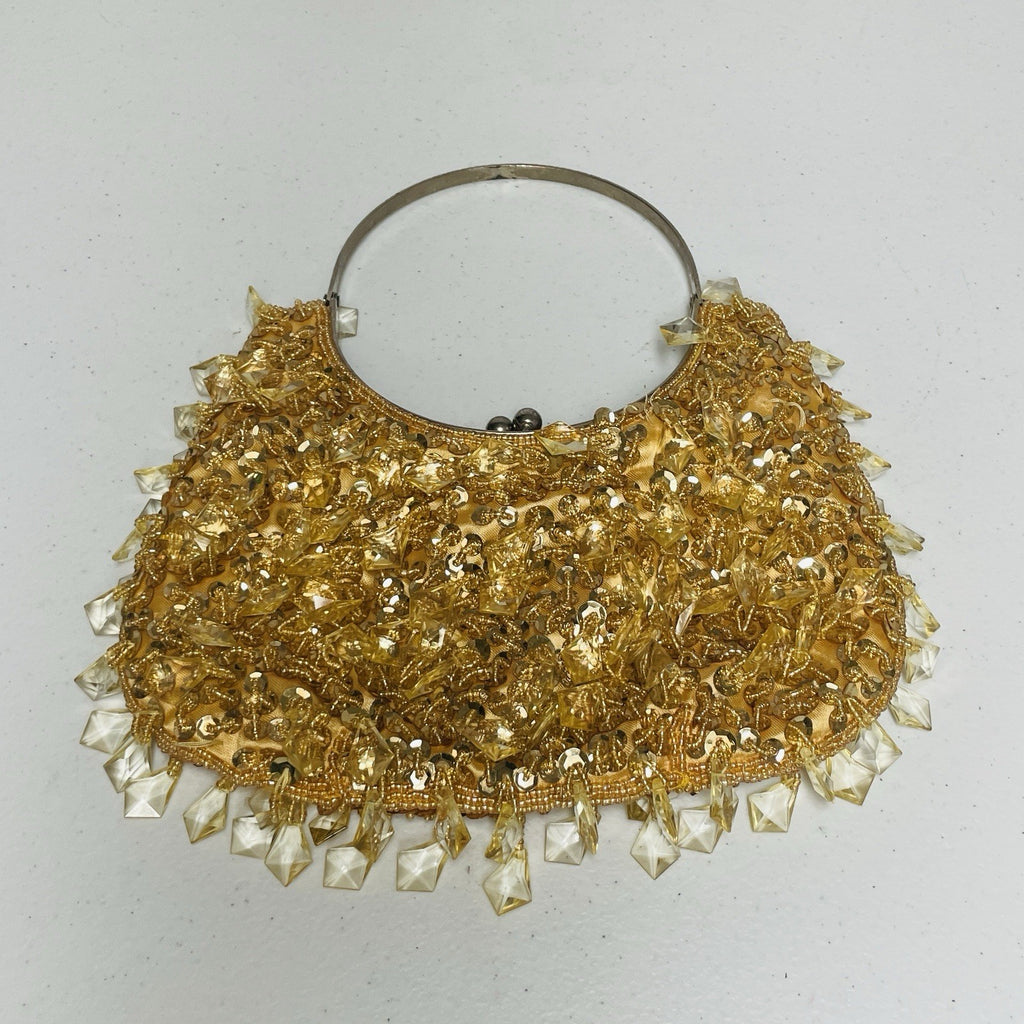 Vintage 70s Beaded Clutch Handbag Purse Gold Beaded Sequin Kiss Lock Frame