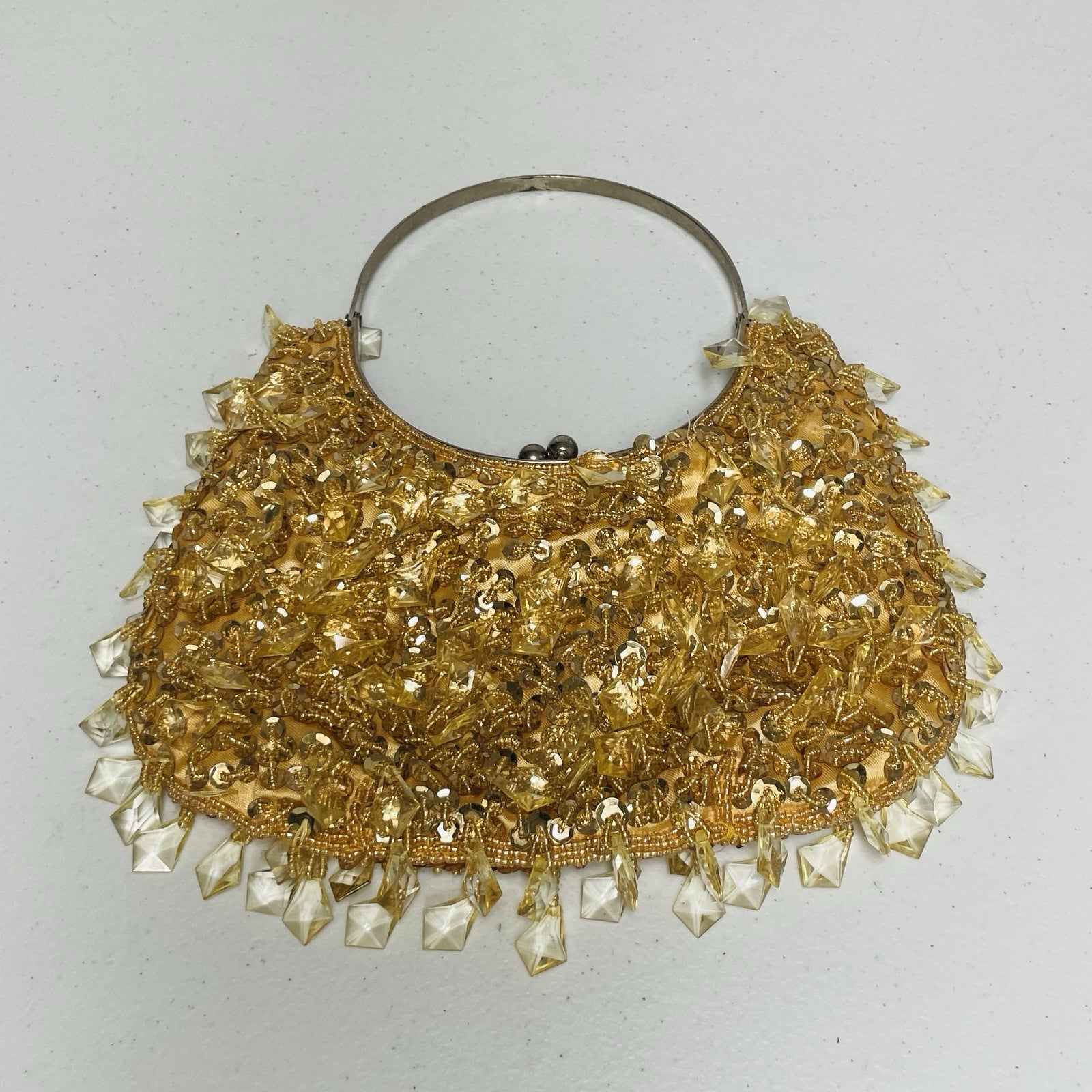 Vintage 70s Beaded Clutch Handbag Purse Gold Beaded Sequin Kiss Lock Frame