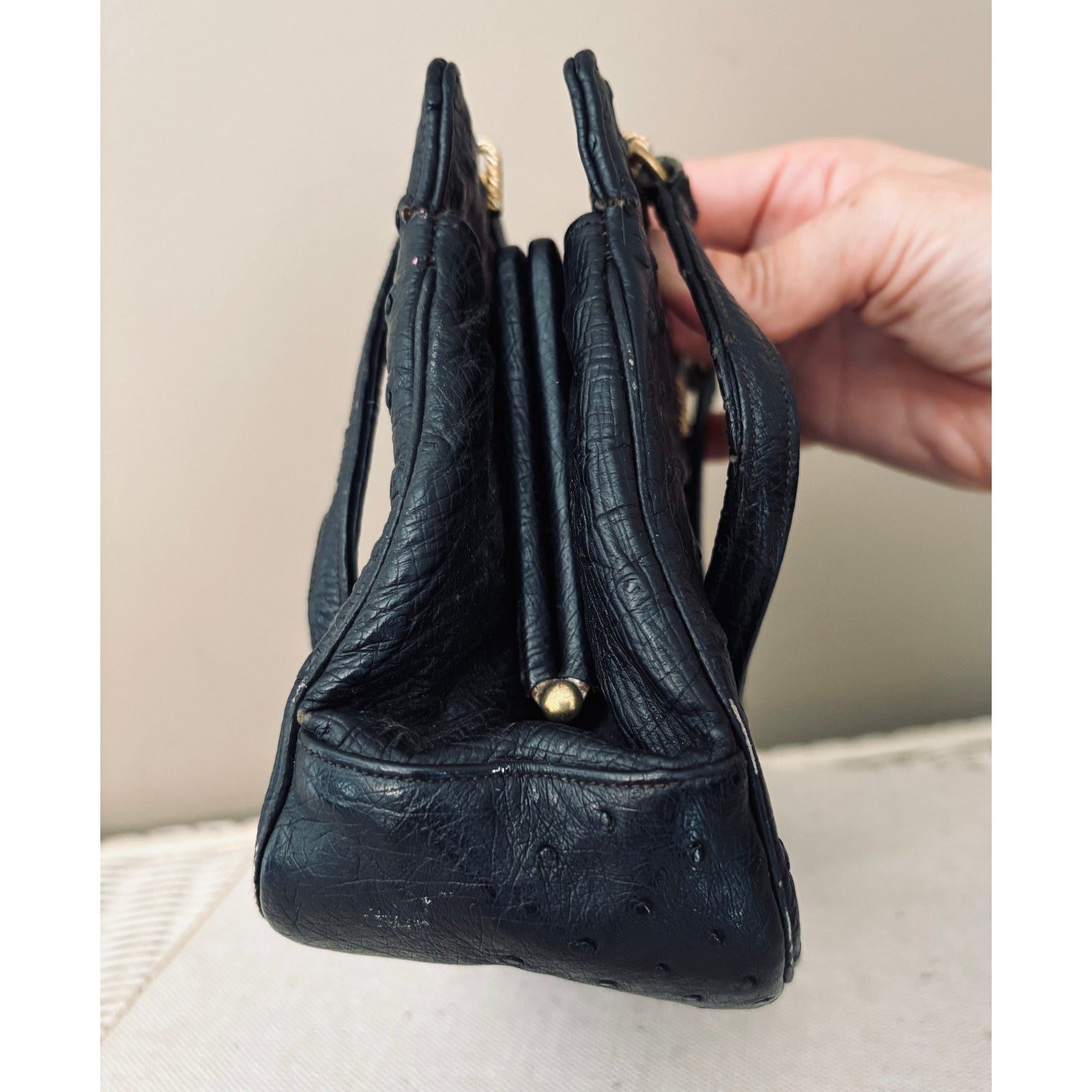I. Magnin 1950s Genuine Ostrich Skin Handbag Black