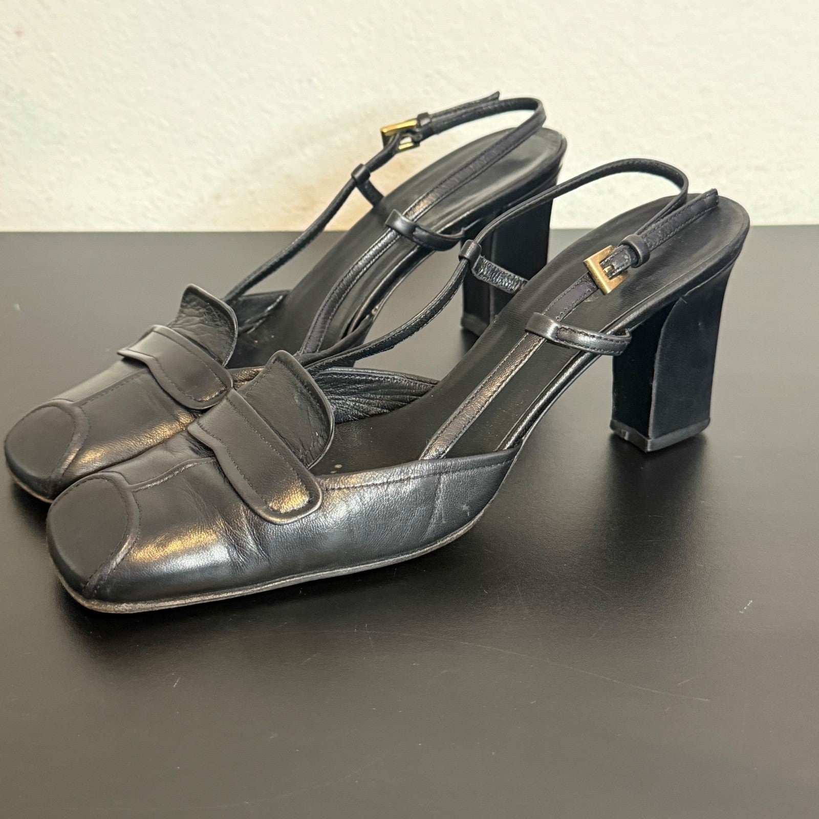 Prada Black Leather Square Toe Slingback Pump Size 35.5