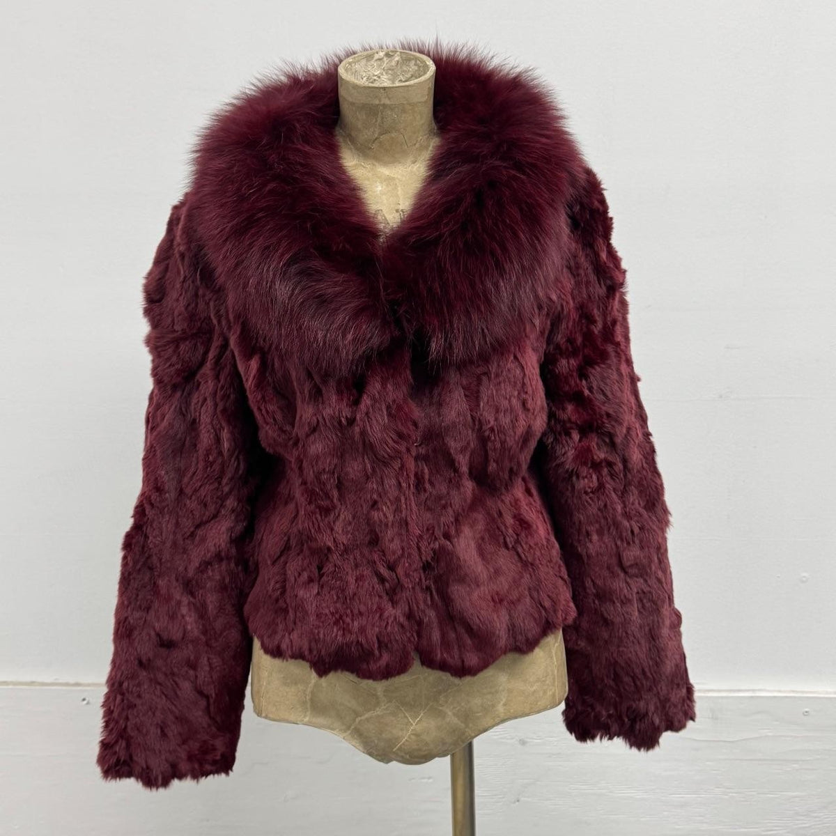 Vintage Y2K Burgundy Rabbit and Fox Fur Jacket