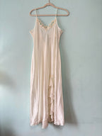 Vintage y2k 90s white beaded sequin chiffon ruffled trim slit  slip dress bow L