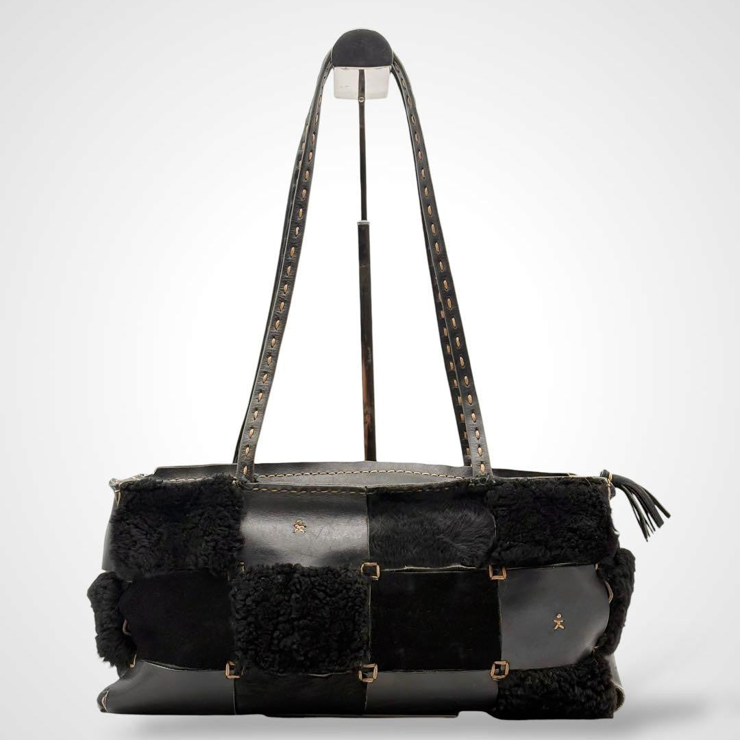 Henry Beguelin Patchwork Leather Shoulder Bag Black Shearling Calf Hair