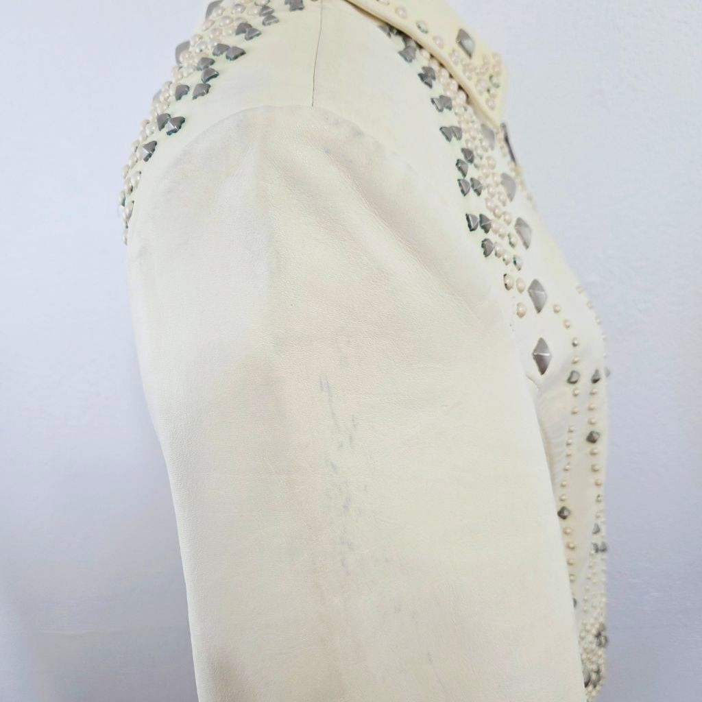 Double D Ranch Studded Ivory Leather Biker Jacket Medium
