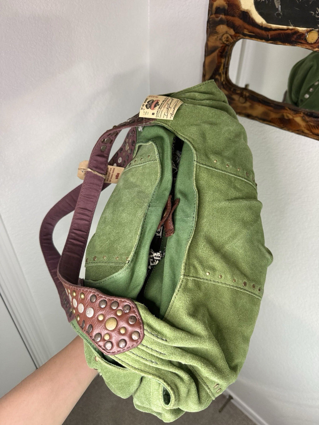 Lucky Brand Y2K Green Suede Studded Hobo Shoulder Bag