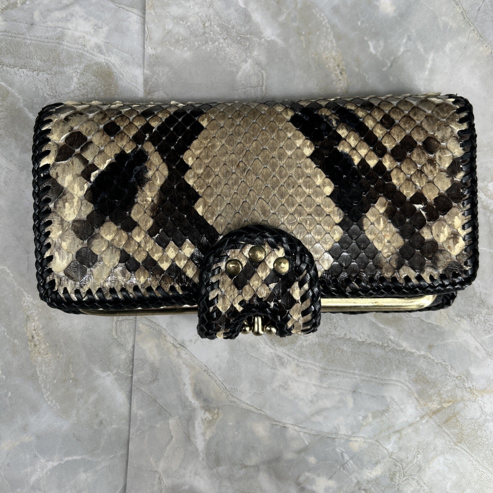 Vintage Handmade Python Skin Clutch Check Wallet With Pen Holder