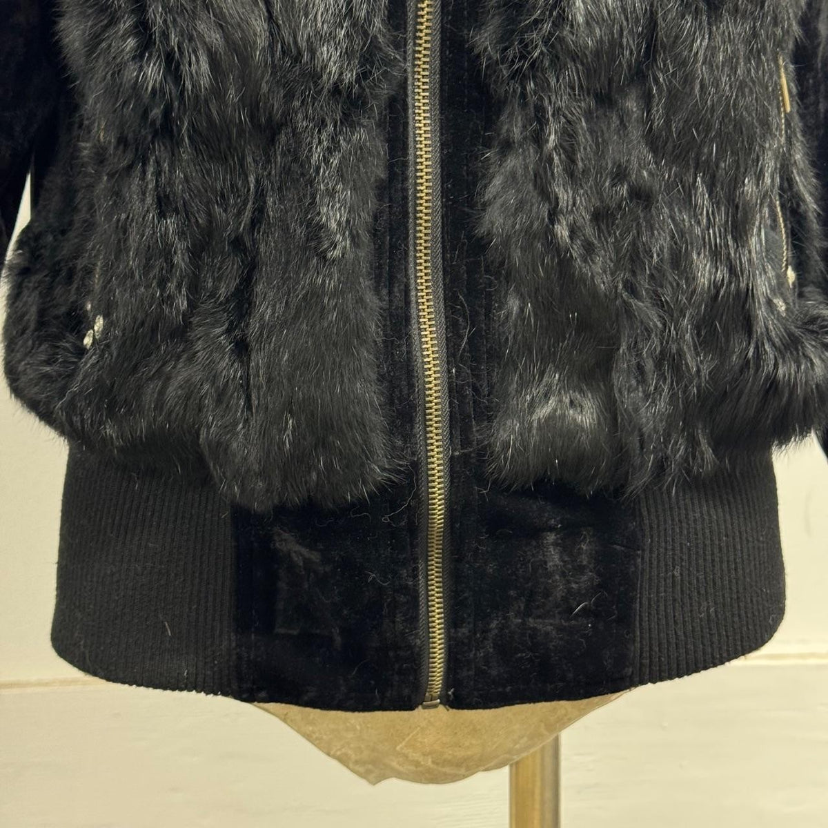 Vintage Y2K Black Plush Rabbit Fur and Velvet Zip-Up Bomber Jacket