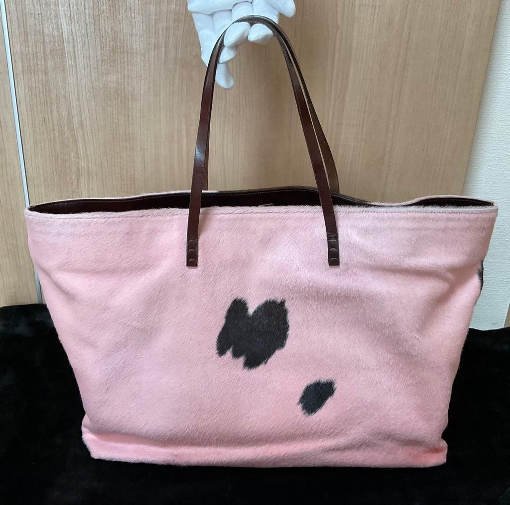 FENDI Vintage Tote Bag Pony Calf Hair Pink Brown Cow Print Leather Shoulder Rare