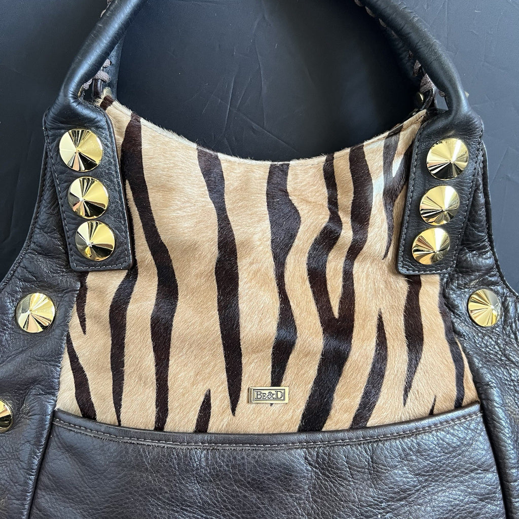 Be&D Studded Animal Print Hobo Bag in Brown and Tan