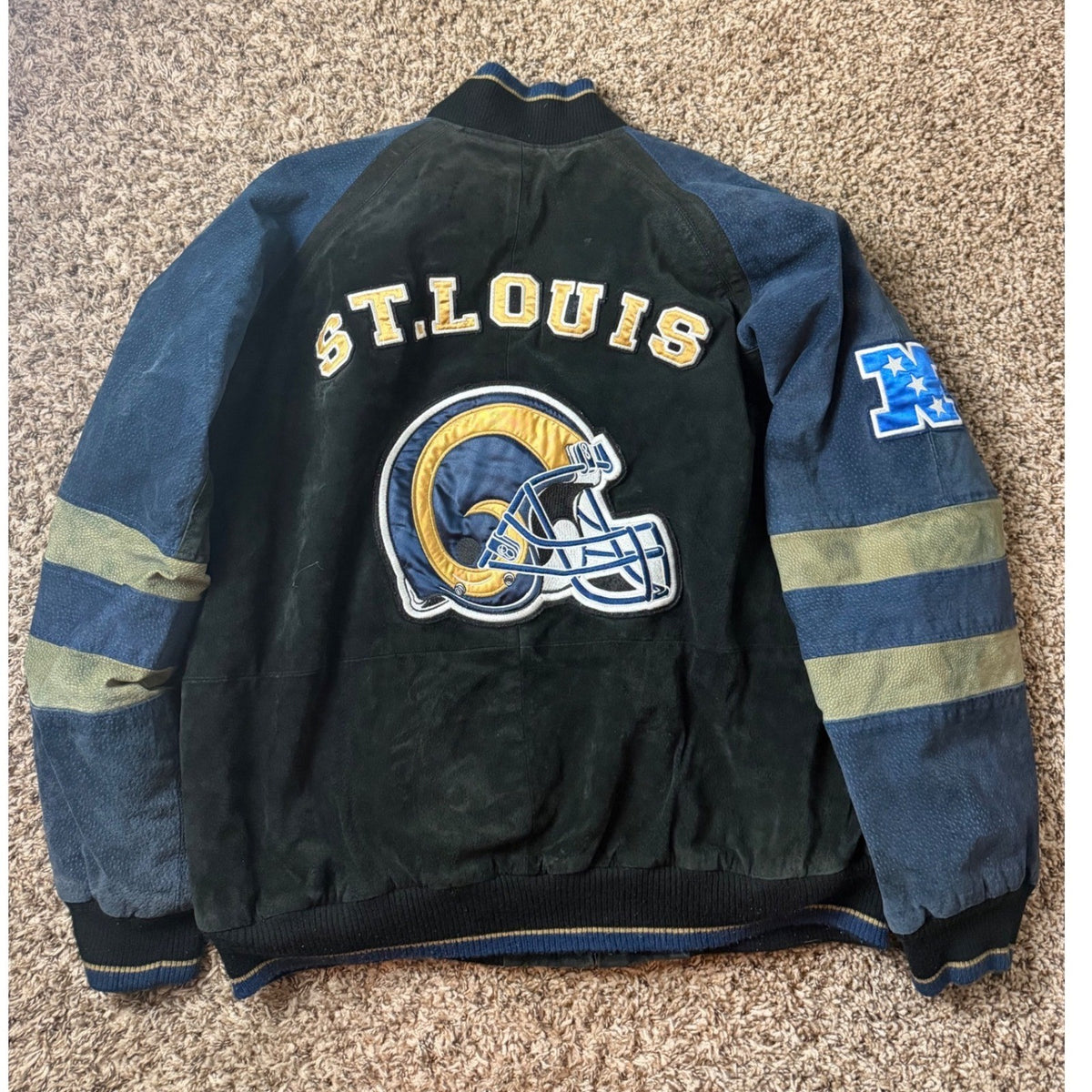 Vintage NFL St Louis Rams Leather Bomber Jacket Large Blue Black