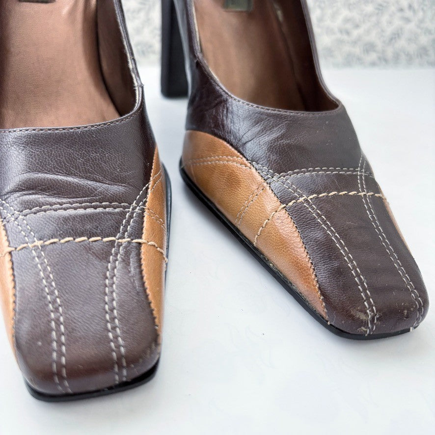 Luca Ferri Leather Pumps Brown Colorblock Square Toe Size 5.5