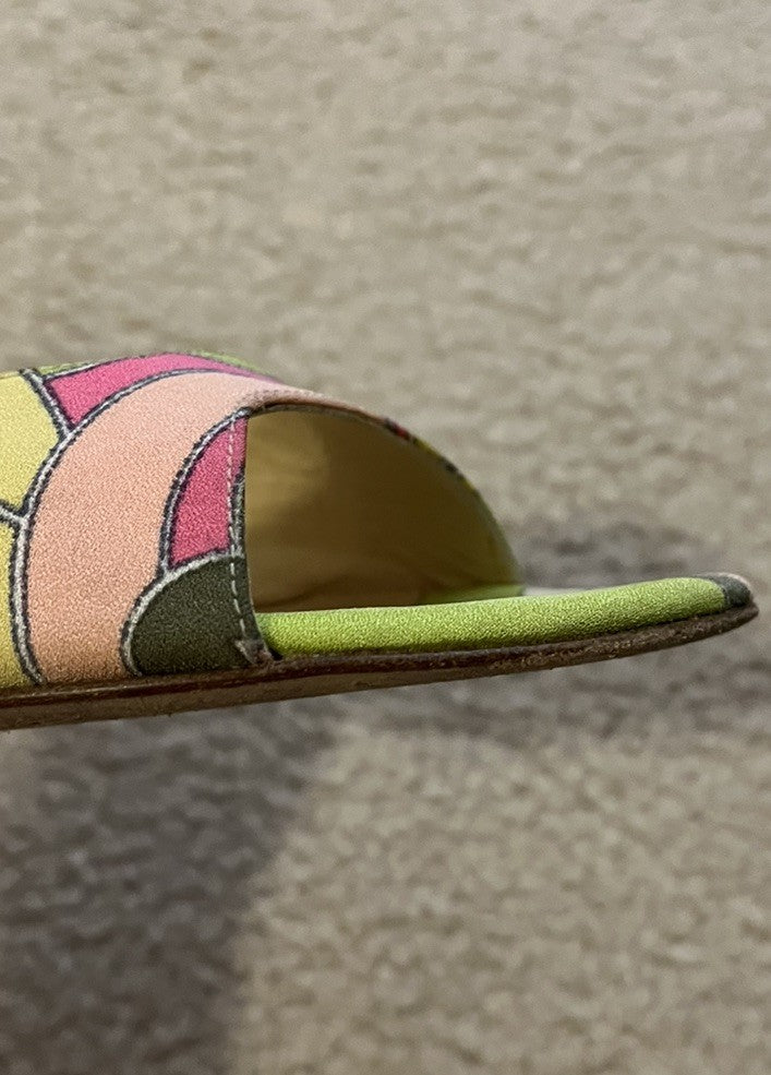 Vintage JIMMY CHOO Green & Pink Open Toe Pucci Print Heels, Made In Italy, 36