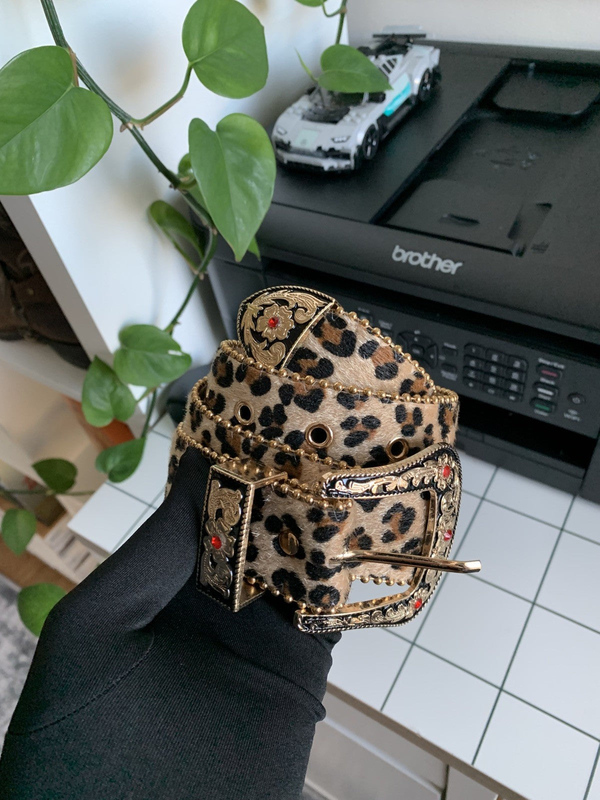 Vintage Style Gold Crystal Studded Leopard Western Leather Cowboy Belt