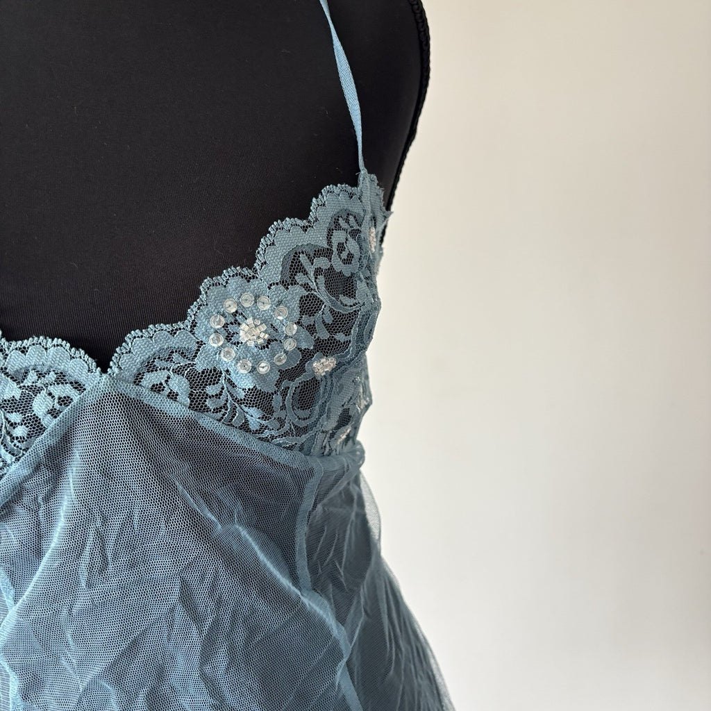 VTG Victoria’s Secret Blue Babydoll Dress Sheer Size M Sequin Lace Romantic Y2K