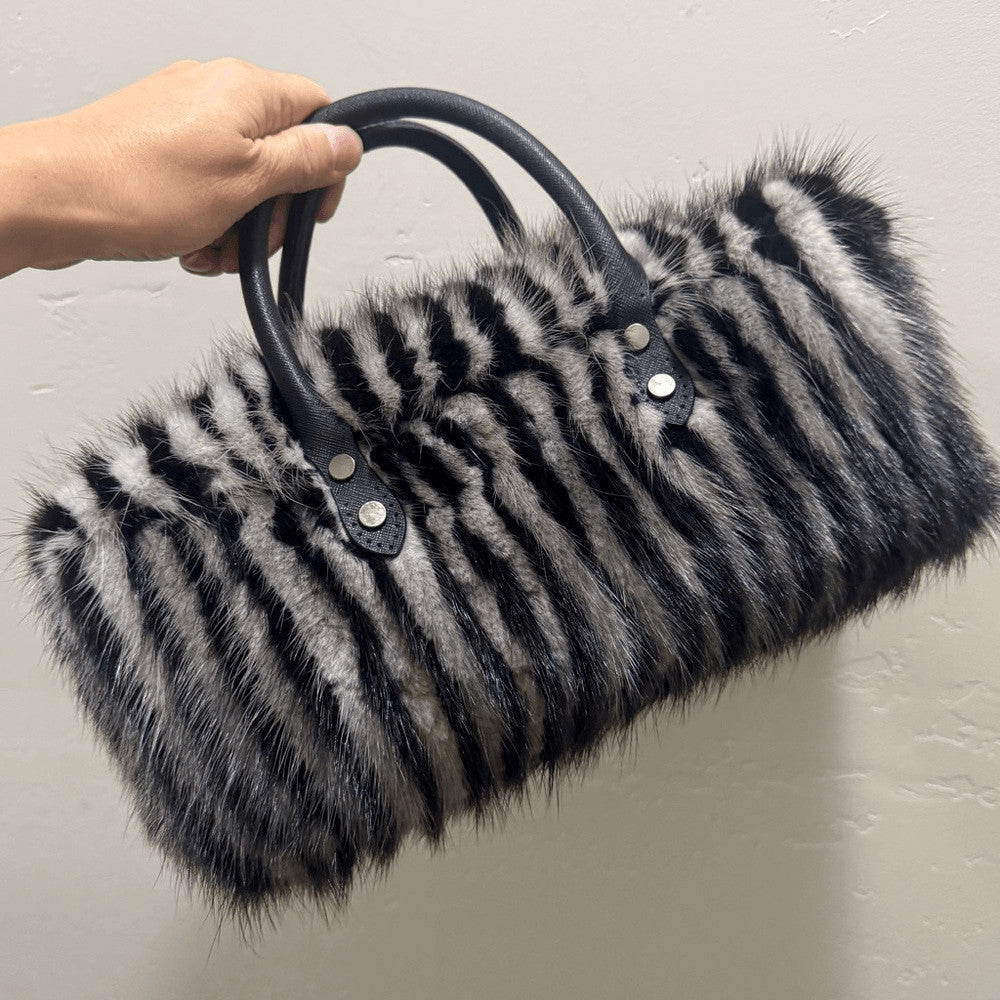 Genuine Mink Fur Pillow Bag with Top Handles and Crossbody Strap