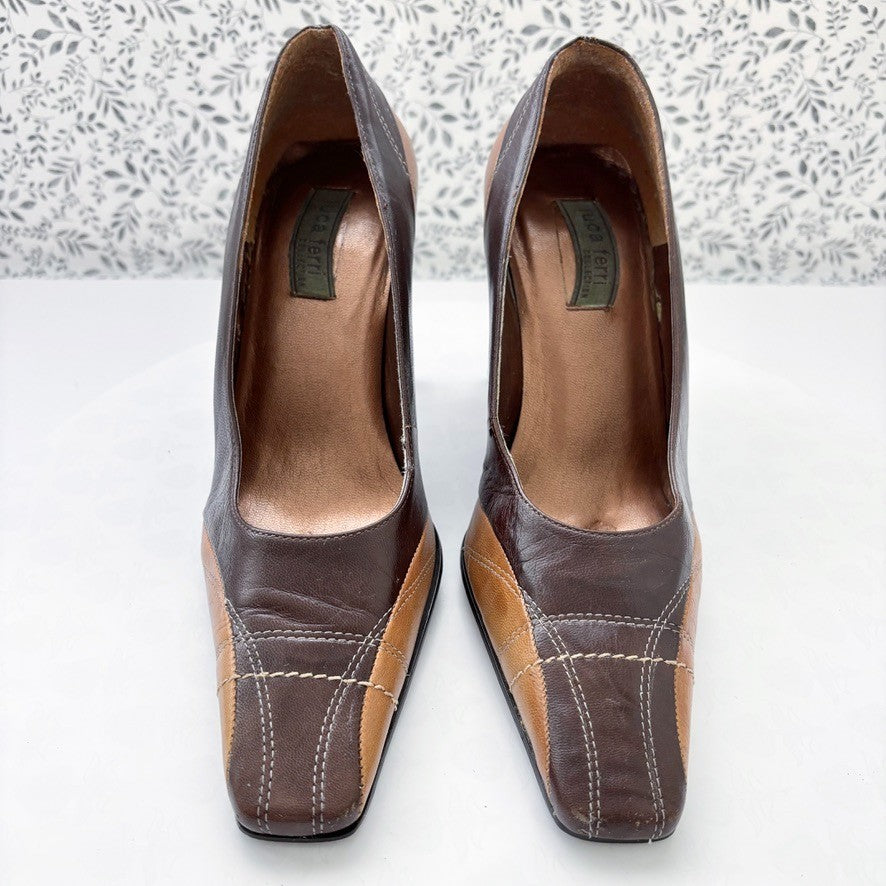 Luca Ferri Leather Pumps Brown Colorblock Square Toe Size 5.5