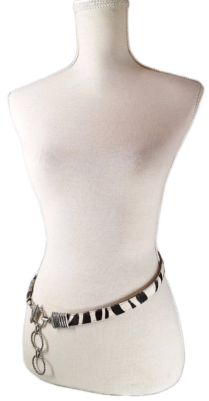 VTG Genuine Leather Calf Hair-On-Hide Metal Link & Toggle Hip Belt Zebra Pattern
