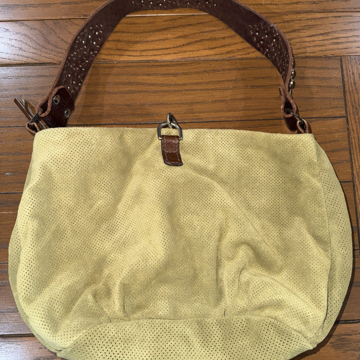 Tylie Malibu Green Perforated Suede Studded Gemstone Strap Bag Small