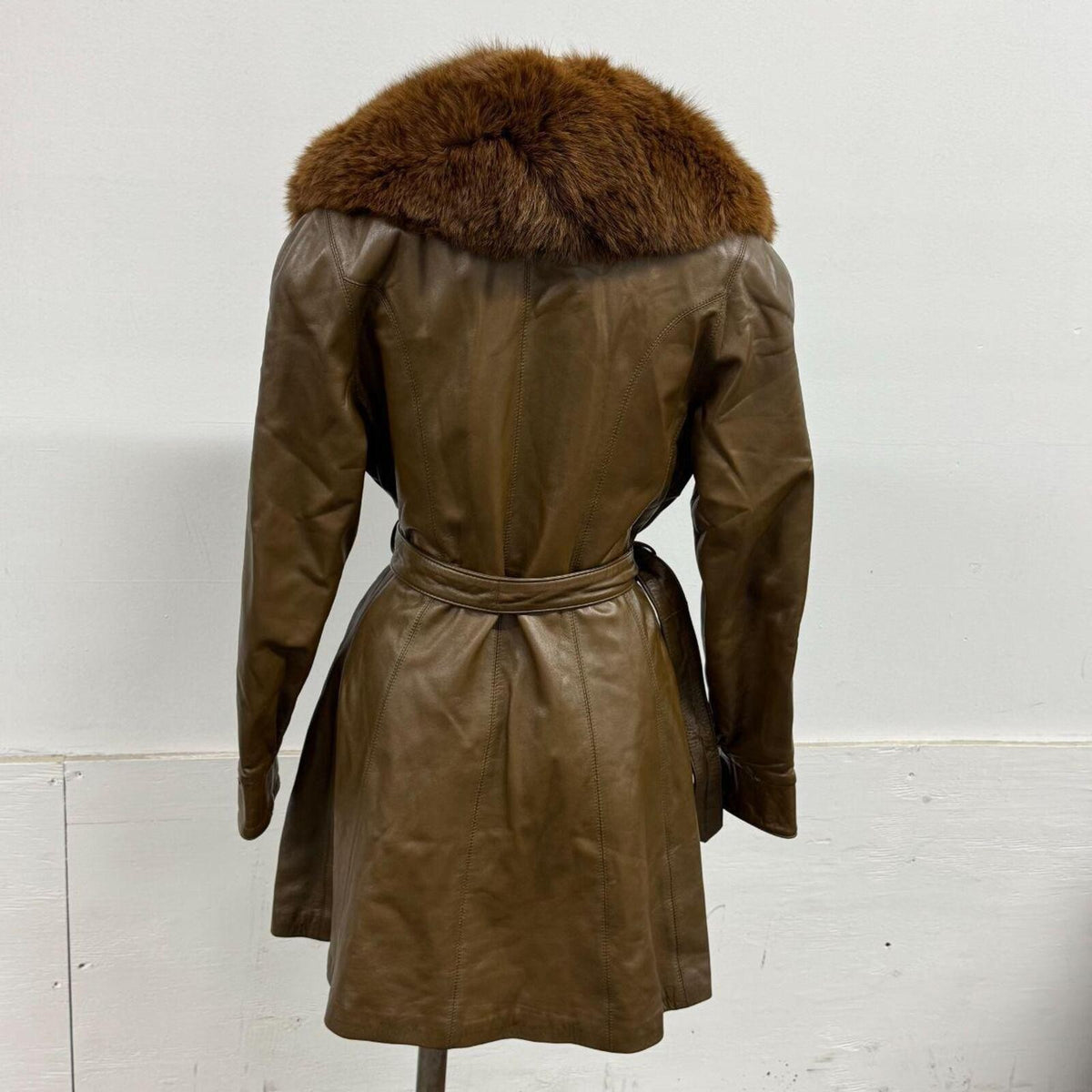 Vintage Y2K Brown Leather and Fox Fur Trench Coat