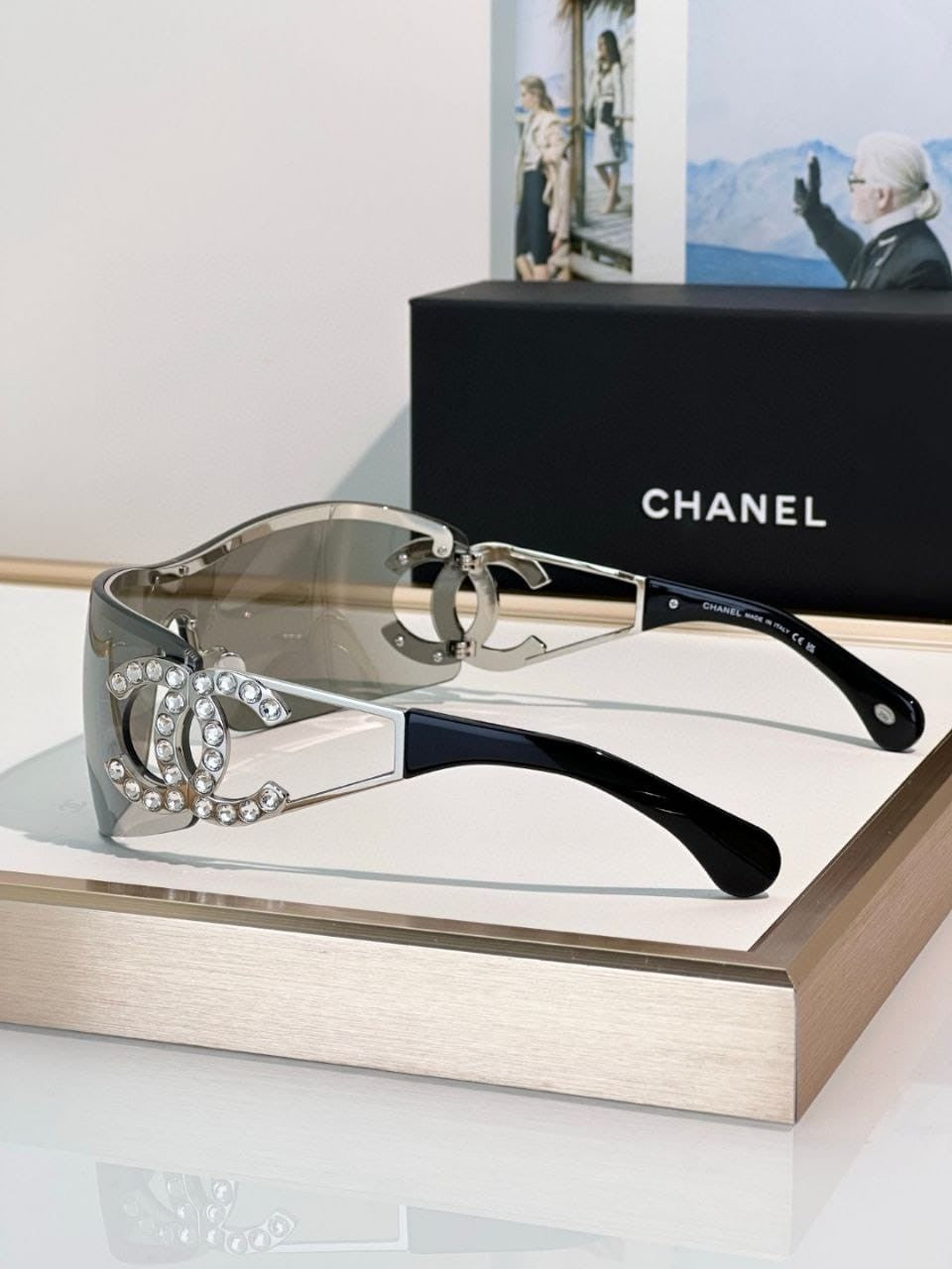 CHANEL Shield Sunglasses Gray Visor 5468 Authentic Logo CC Unisex