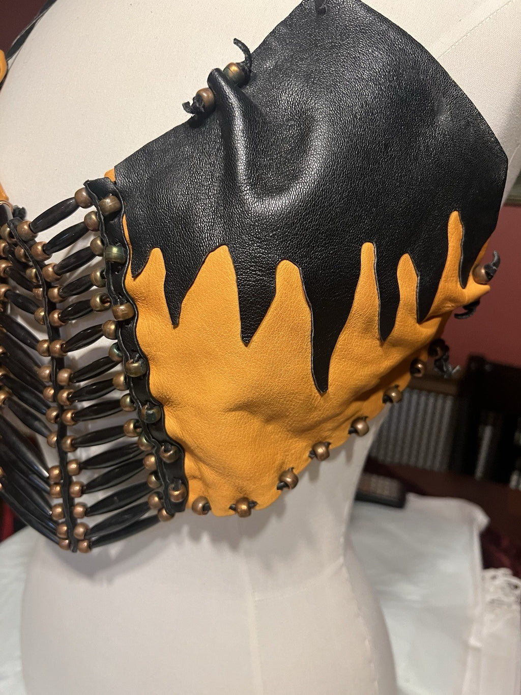 Vtg. 2/ Leather Fringe Halter Tops Black Biker Festival Cowgirl custom-made!!Sm.