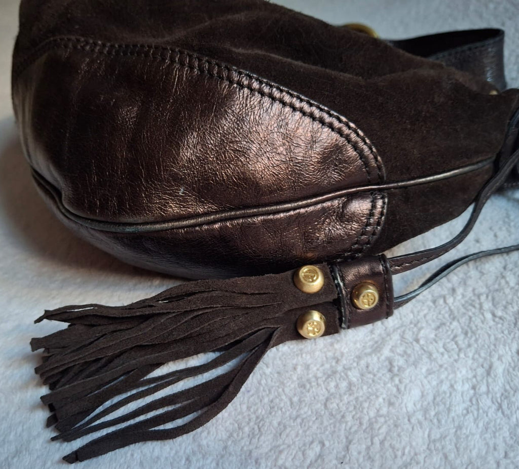Francesco Biasia Brown Leather and Suede Medium Shoulder Bag with Tassels