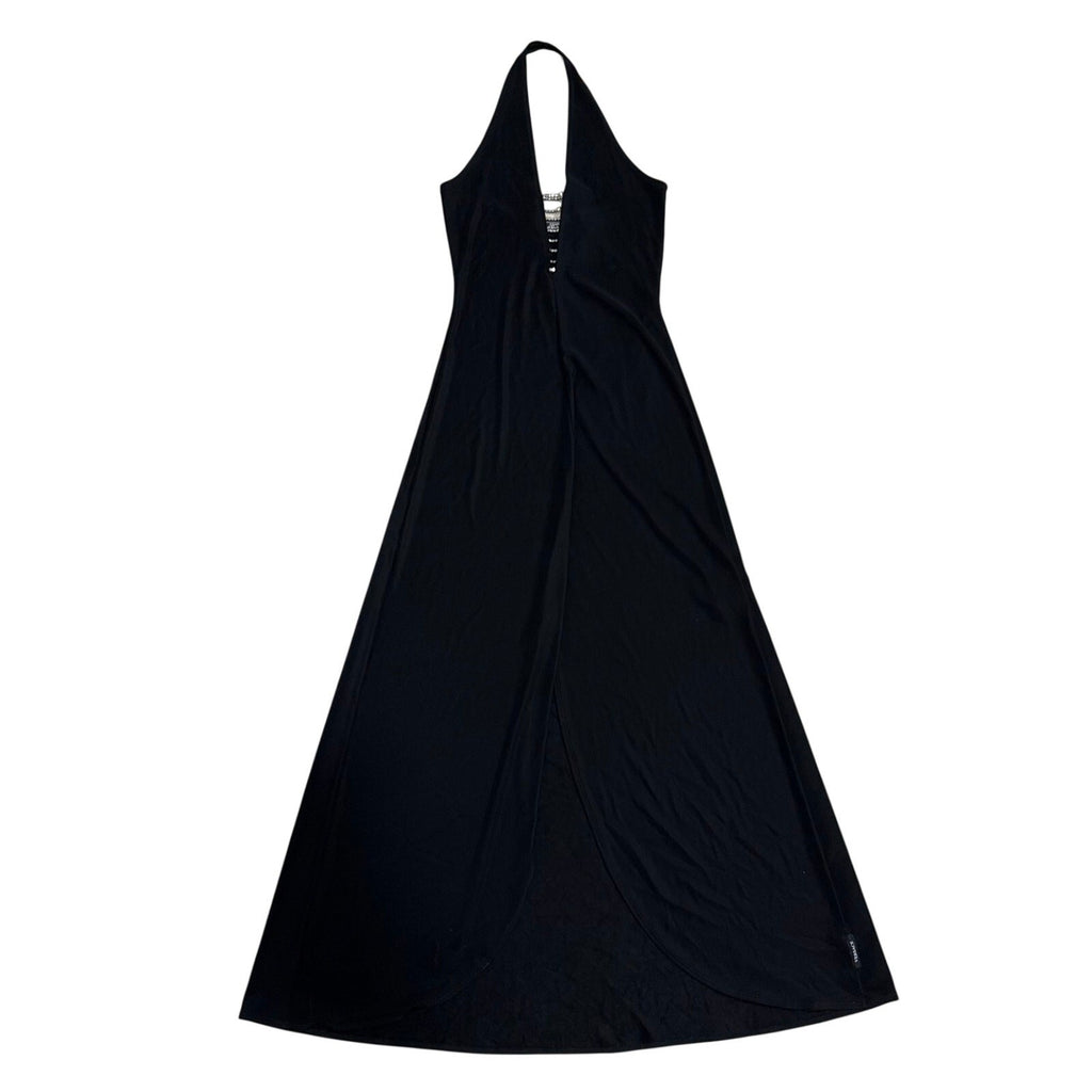 Gianni Versace Couture Y2K Black Halter Evening Gown with Rhinestone Side Slit