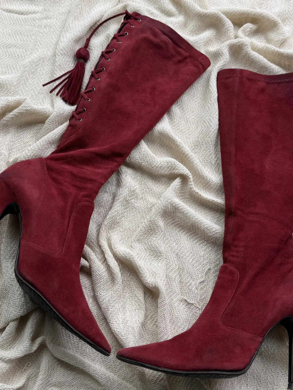 Vintage Burgundy Suede Knee High Boots Pointed Toe Stiletto Heels Lace Up