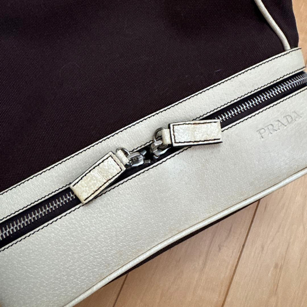 Prada Archive Vintage Y2K Bag 2000s Leather Shoulder Pu Brown Beige Silver Used