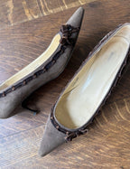 Brown Vintage Suede Velvet Ribbon Bow Kitten Heels