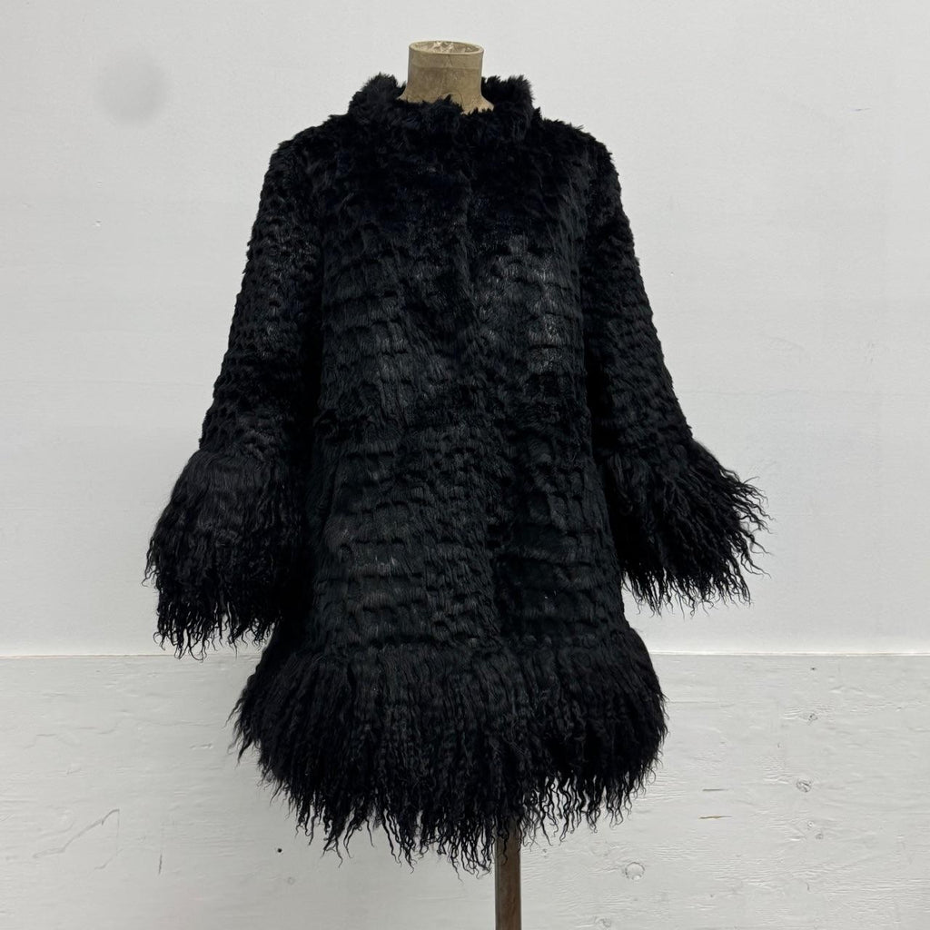 Vintage Black Rabbit Fur Coat with Mongolian Lamb Trim