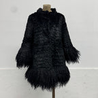 Vintage Black Rabbit Fur Coat with Mongolian Lamb Trim