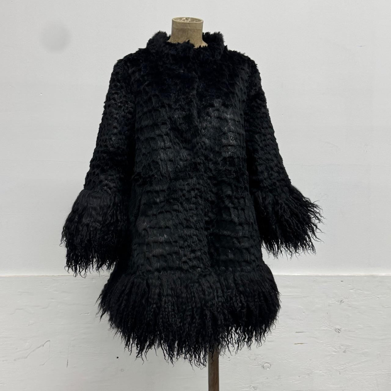 Vintage Black Rabbit Fur Coat with Mongolian Lamb Trim