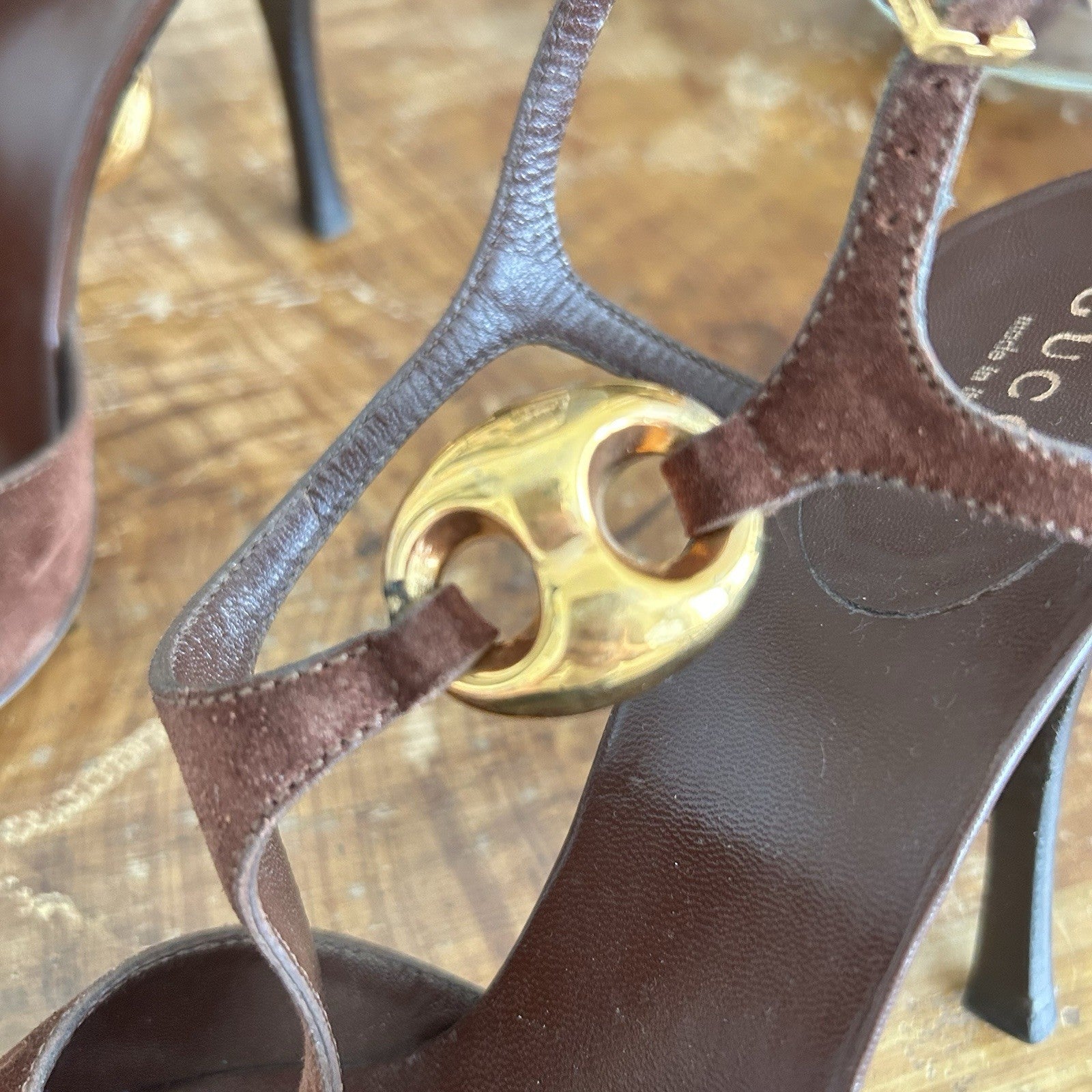 Vintage Gucci Brown Suede Heels with Gold Hardware Tom Ford 1990s Era
