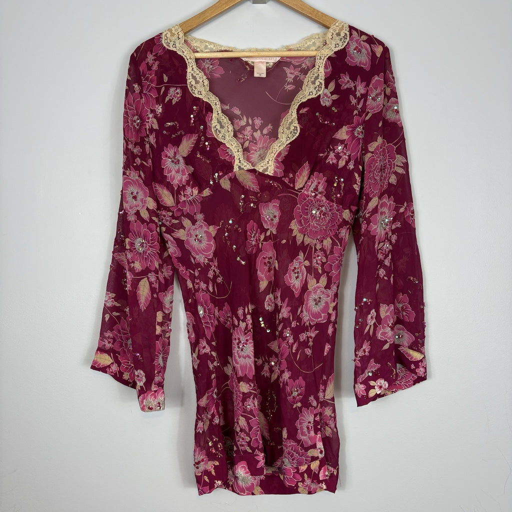 Vtg Y2K Victoria’s Secret Pink Label Silk Babydoll Dress Sz M Lace Floral Sequin