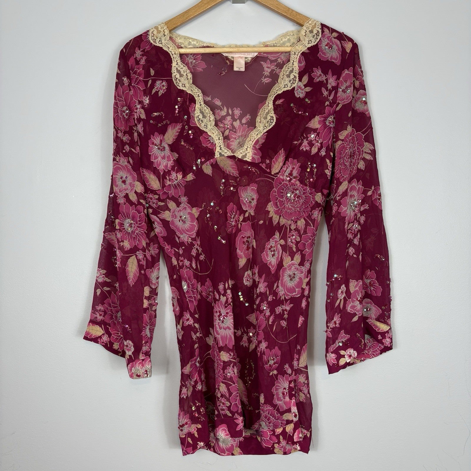 Vtg Y2K Victoria’s Secret Pink Label Silk Babydoll Dress Sz M Lace Floral Sequin