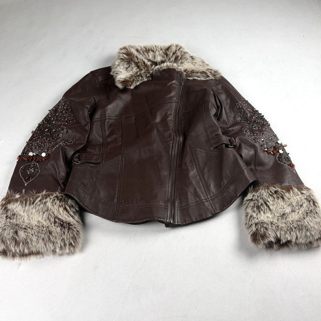 Together Vintage Leather Jacket Small Brown with Fur Trim