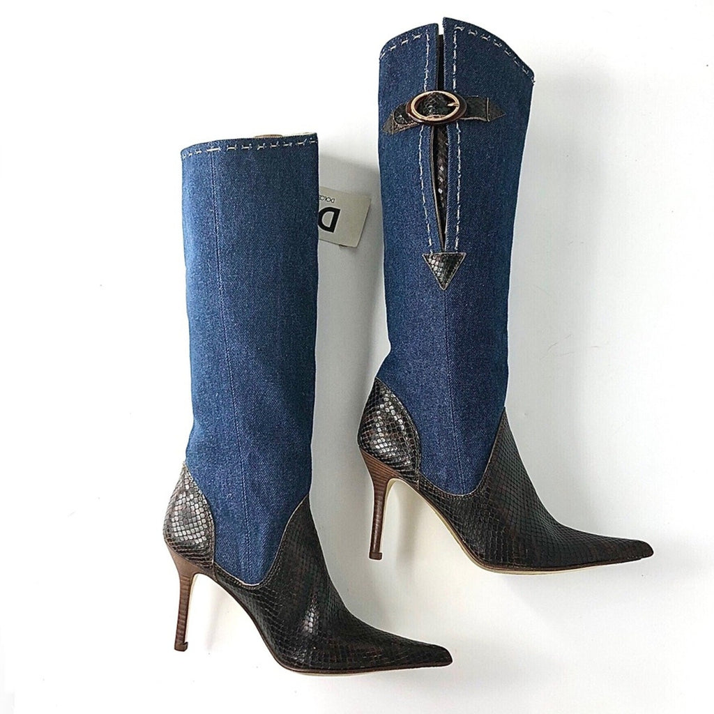Vintage Dolce and Gabbana Denim Snakeskin Tall Pointed Toe Heeled Boots 35