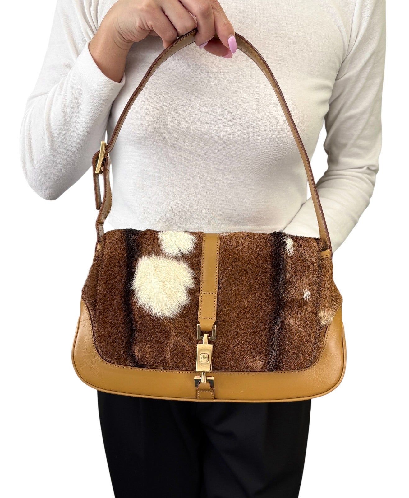 GUCCI Vintage Jackie Cow Pony Calf Hair Shoulder Bag Brown Camel Leather