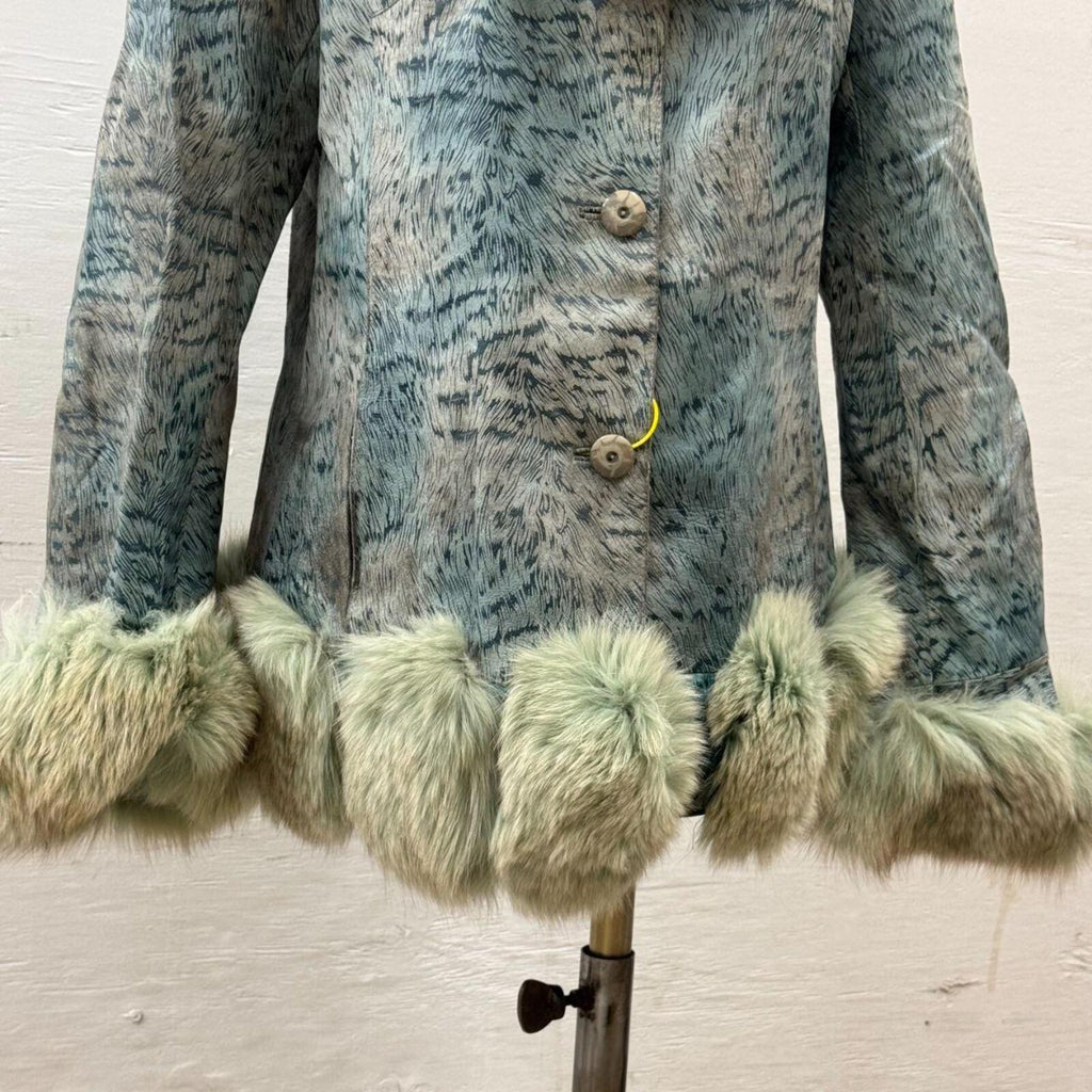 Vintage Y2K Blue Seafoam Fox Fur and Leather Jacket