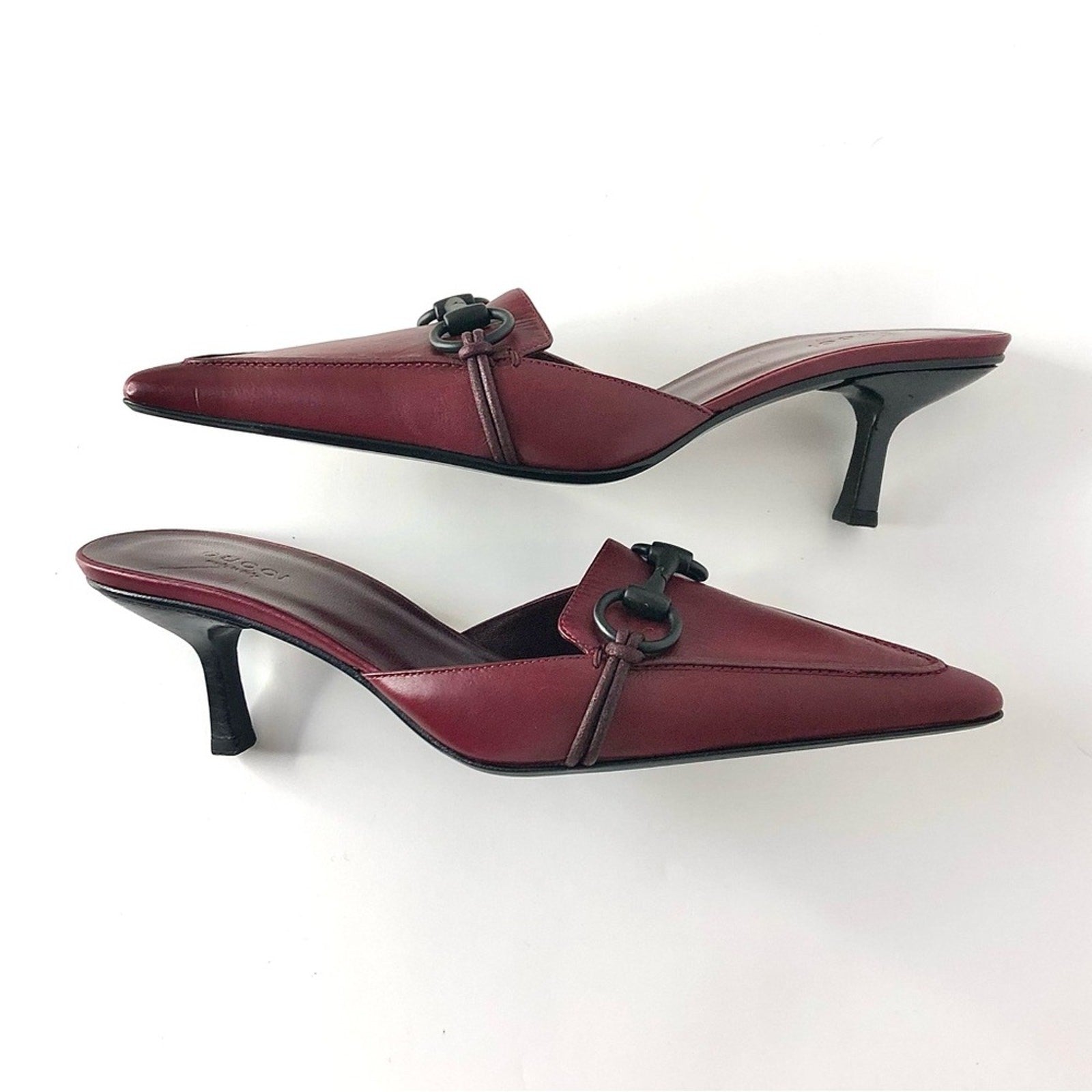 NIB Vintage Gucci Horsebit Wine Leather Pointed Toe Kitten Heel Pumps Mules 8.5